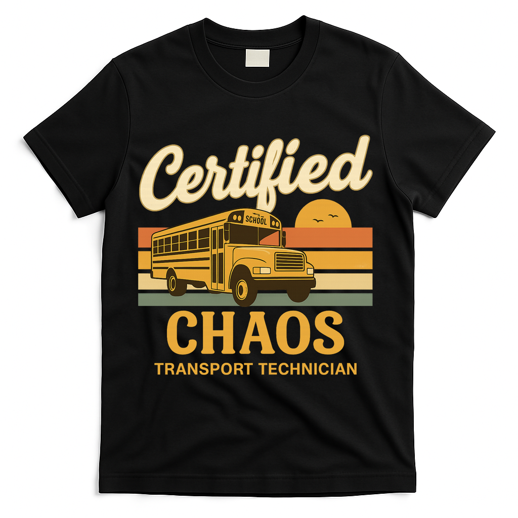 Certified Chaos Transport Technician School Bus Driver Funny  T-Shirt - Black