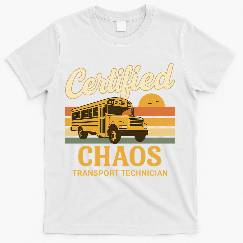 Certified Chaos Transport Technician School Bus Driver Funny  T-Shirt - White