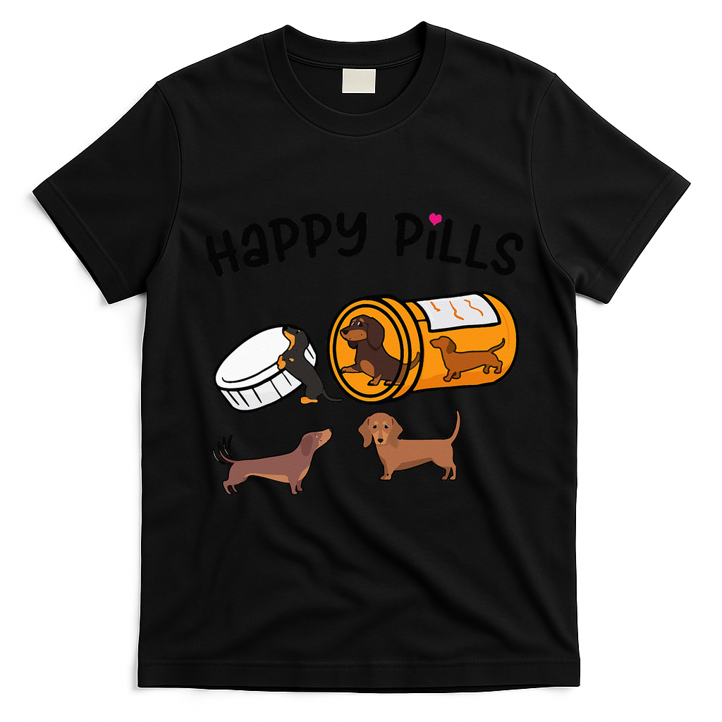 Cute Dachshund Happy Pills Funny Weiner Dog Mom Dad Lover T-Shirt - Black