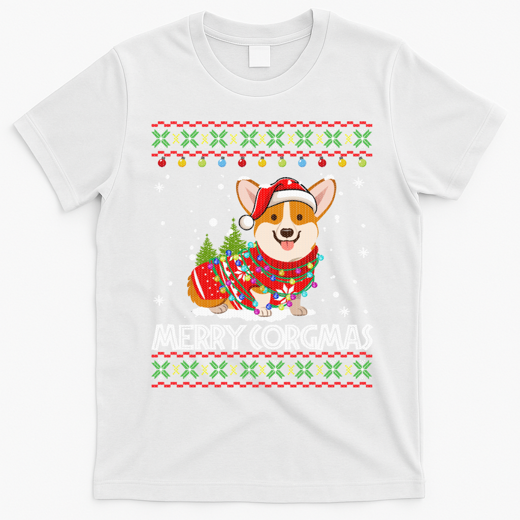 Corgi Dog Merry Corgmas Santa Corgi Ugly Christmas T-Shirt - White