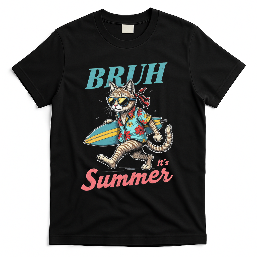 Cool Funny Cat In Shades Bruh Its Summer Surfboard Vacation T-Shirt - Black