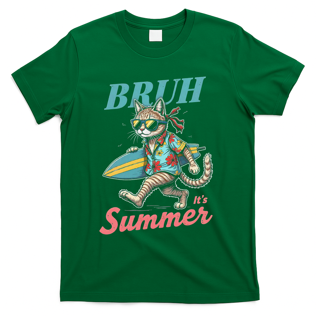Cool Funny Cat In Shades Bruh Its Summer Surfboard Vacation T-Shirt - Green