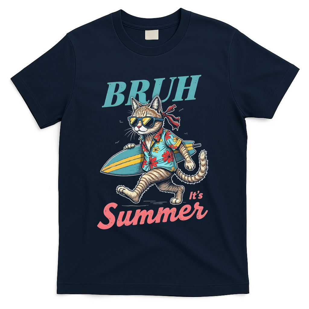 Cool Funny Cat In Shades Bruh Its Summer Surfboard Vacation T-Shirt - Navy