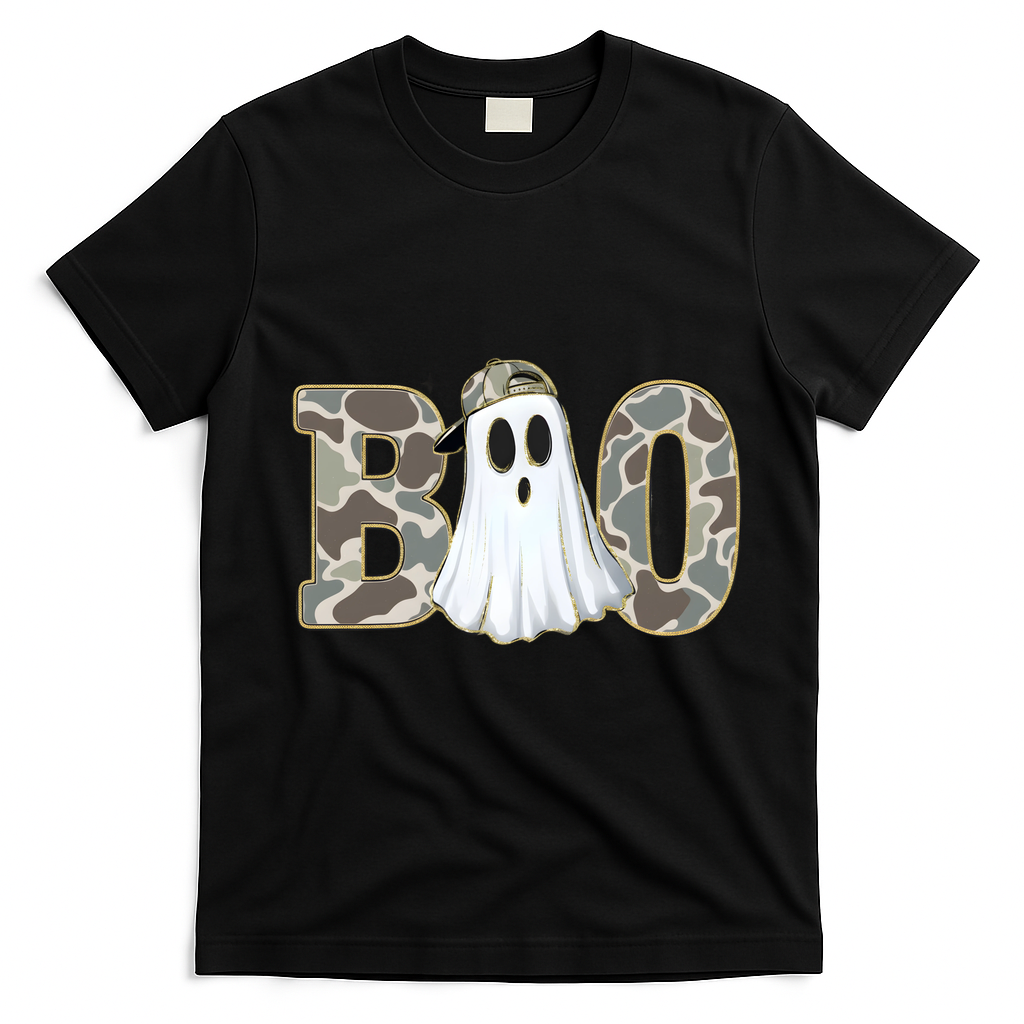 Camo Ghost Boo Spooky Halloween T-Shirt - Black