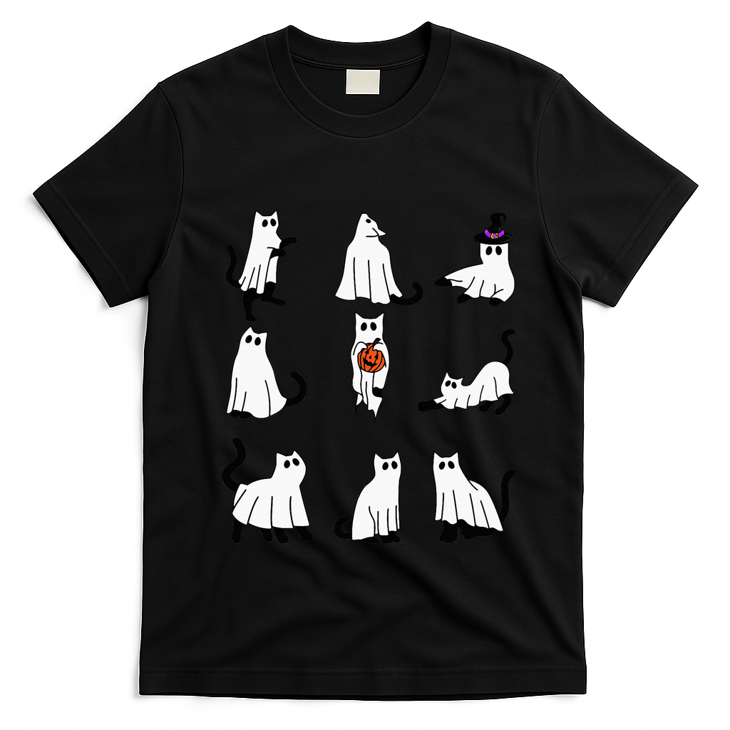 Cute Ghost Cat Funny Halloween Outfit Costumes Black Cat T-Shirt - Black