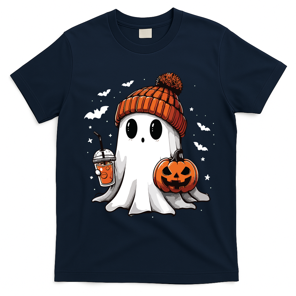 Cute Ghost Drinking Coffee Halloween Ghost Ice Coffee Women Long Sleeve T-Shirt - Navy Blue