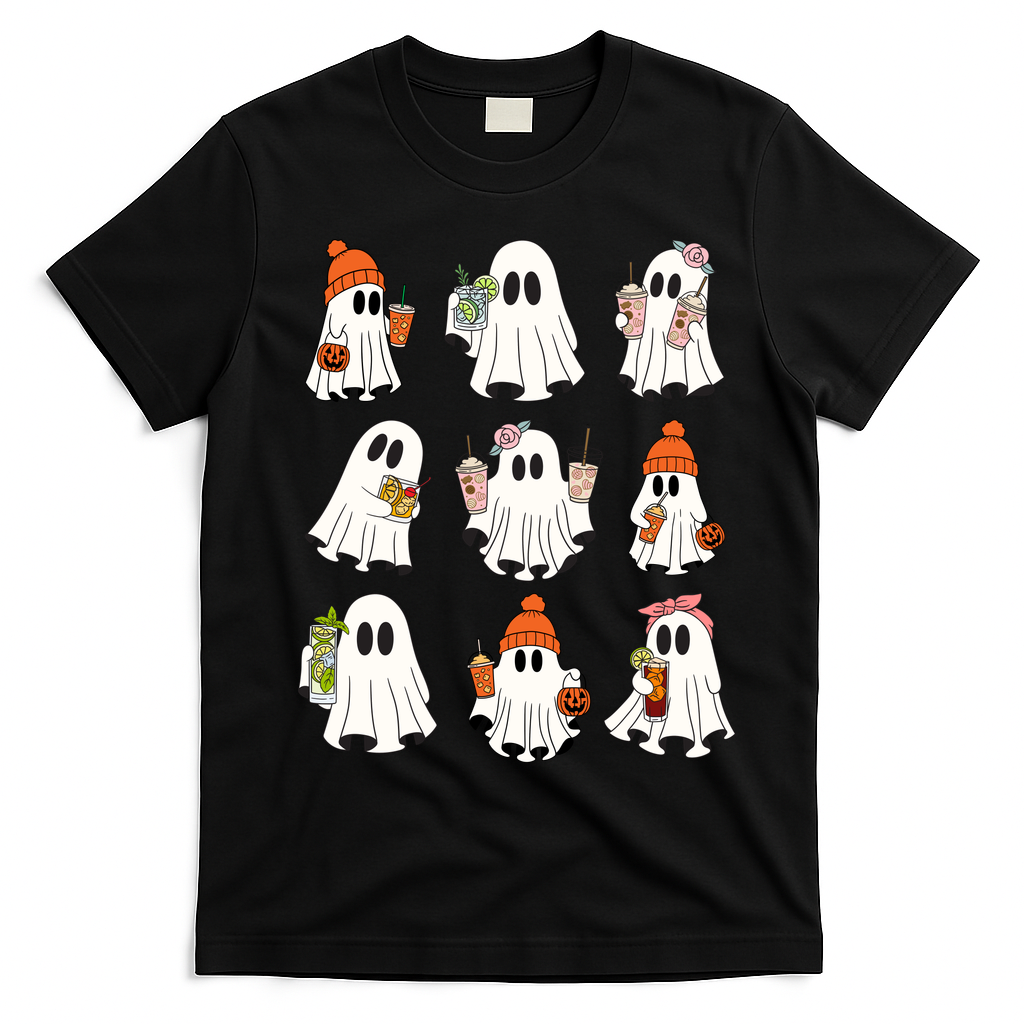 Cute Halloween Ghost Vibes Spooky Autumn Gift T-Shirt - Black