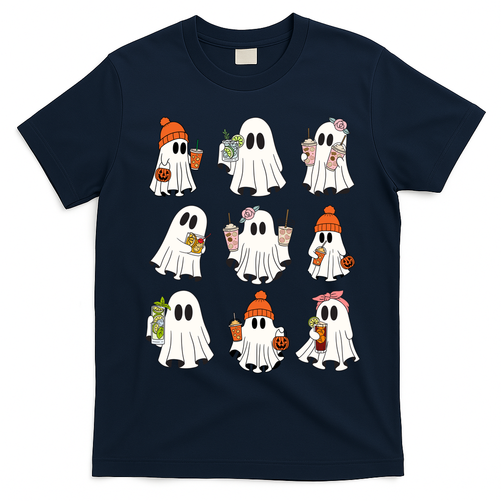 Cute Halloween Ghost Vibes Spooky Autumn Gift T-Shirt - Navy Blue