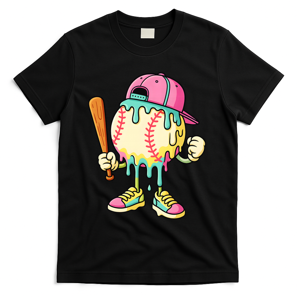 Cool Ice Cream Drip Baseball Spots Baseball Drip T-Shirt - Black