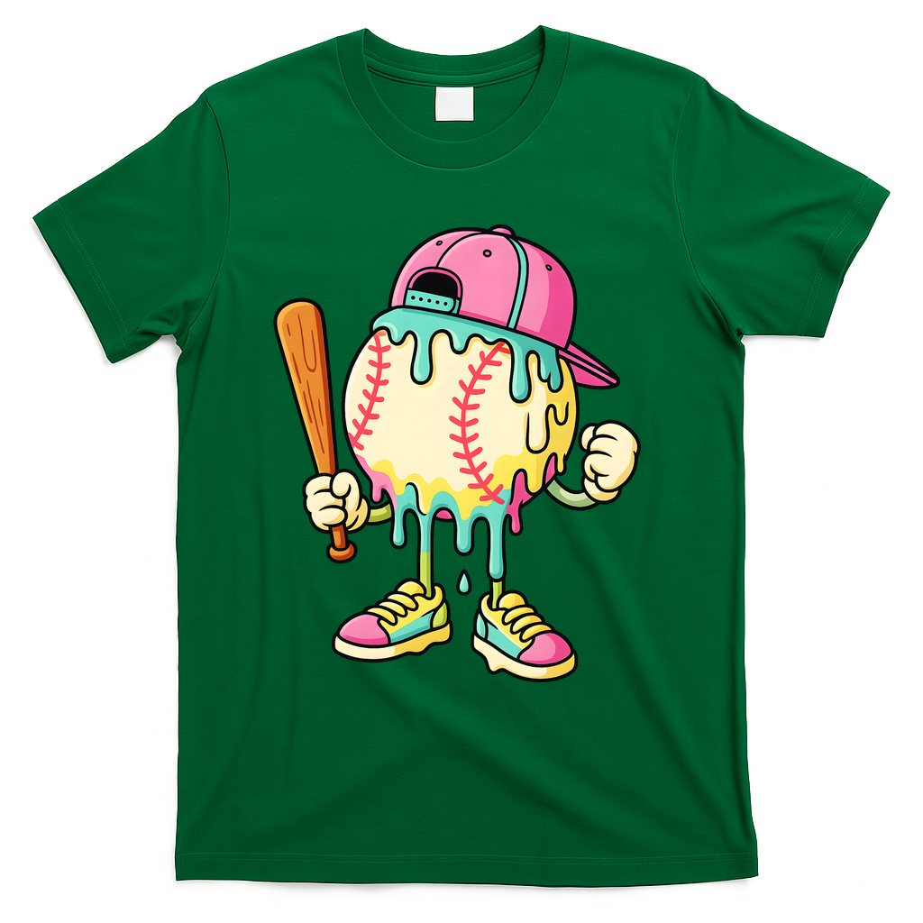 Cool Ice Cream Drip Baseball Spots Baseball Drip T-Shirt - Green