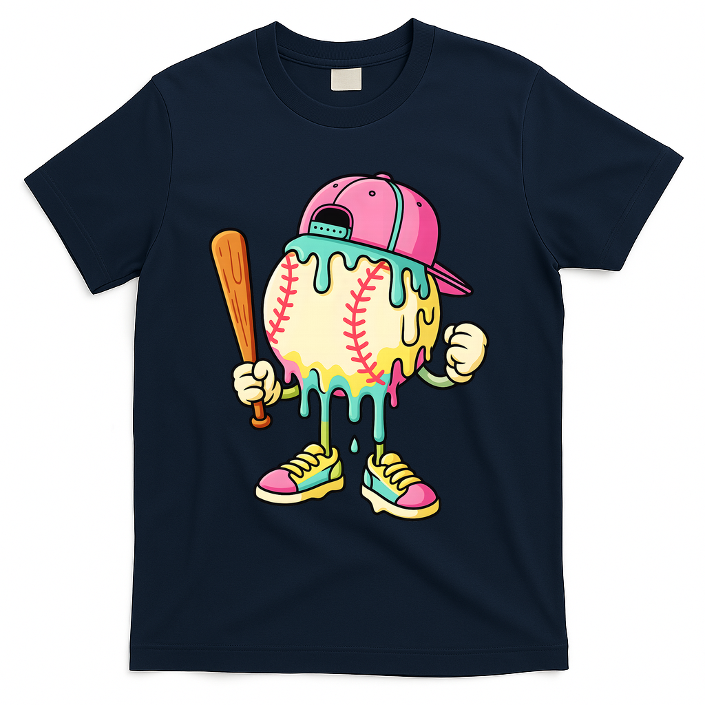 Cool Ice Cream Drip Baseball Spots Baseball Drip T-Shirt - Navy