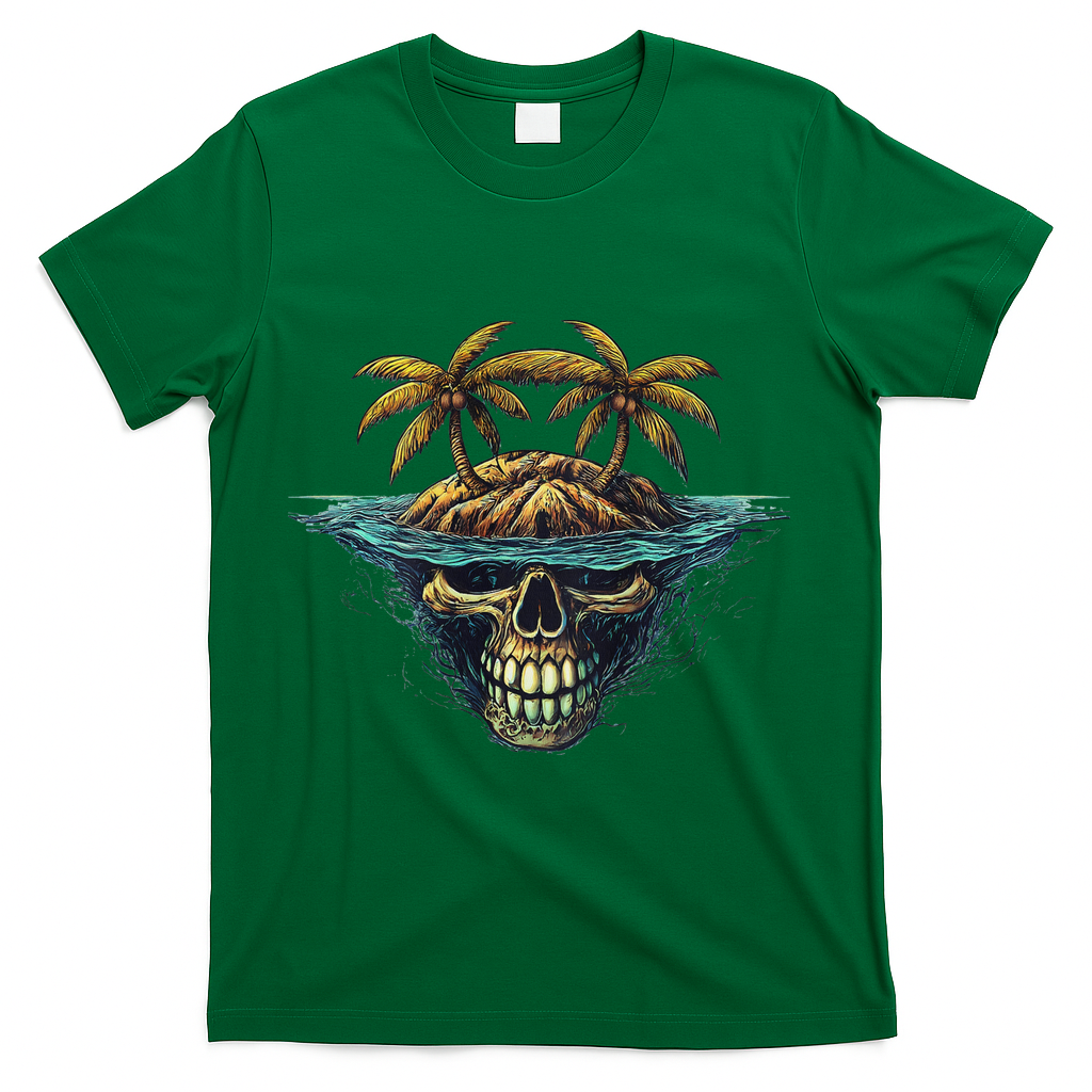 Cool Island Palm Trees Skull Beach Pirate Nautical T-Shirt - Green