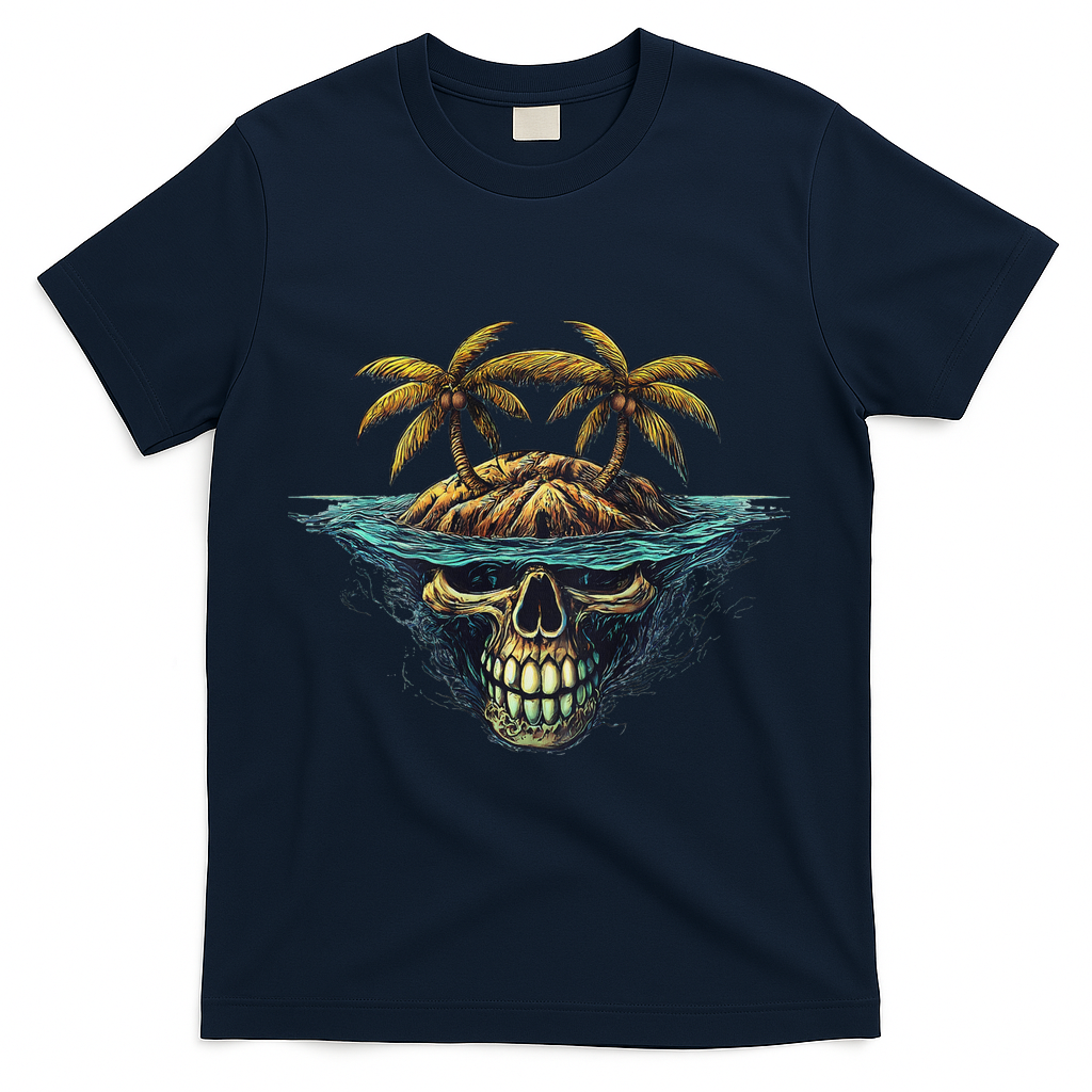 Cool Island Palm Trees Skull Beach Pirate Nautical T-Shirt - Navy