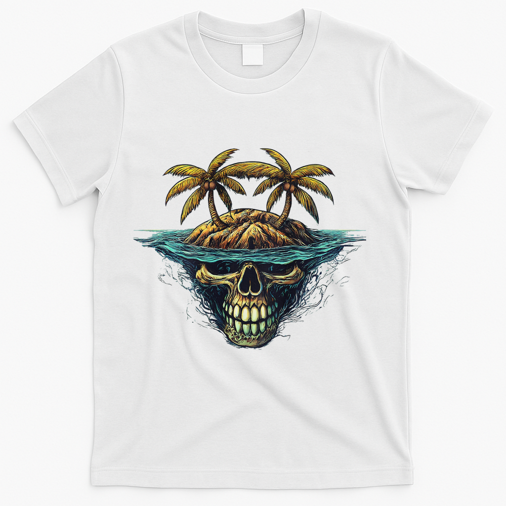 Cool Island Palm Trees Skull Beach Pirate Nautical T-Shirt - White