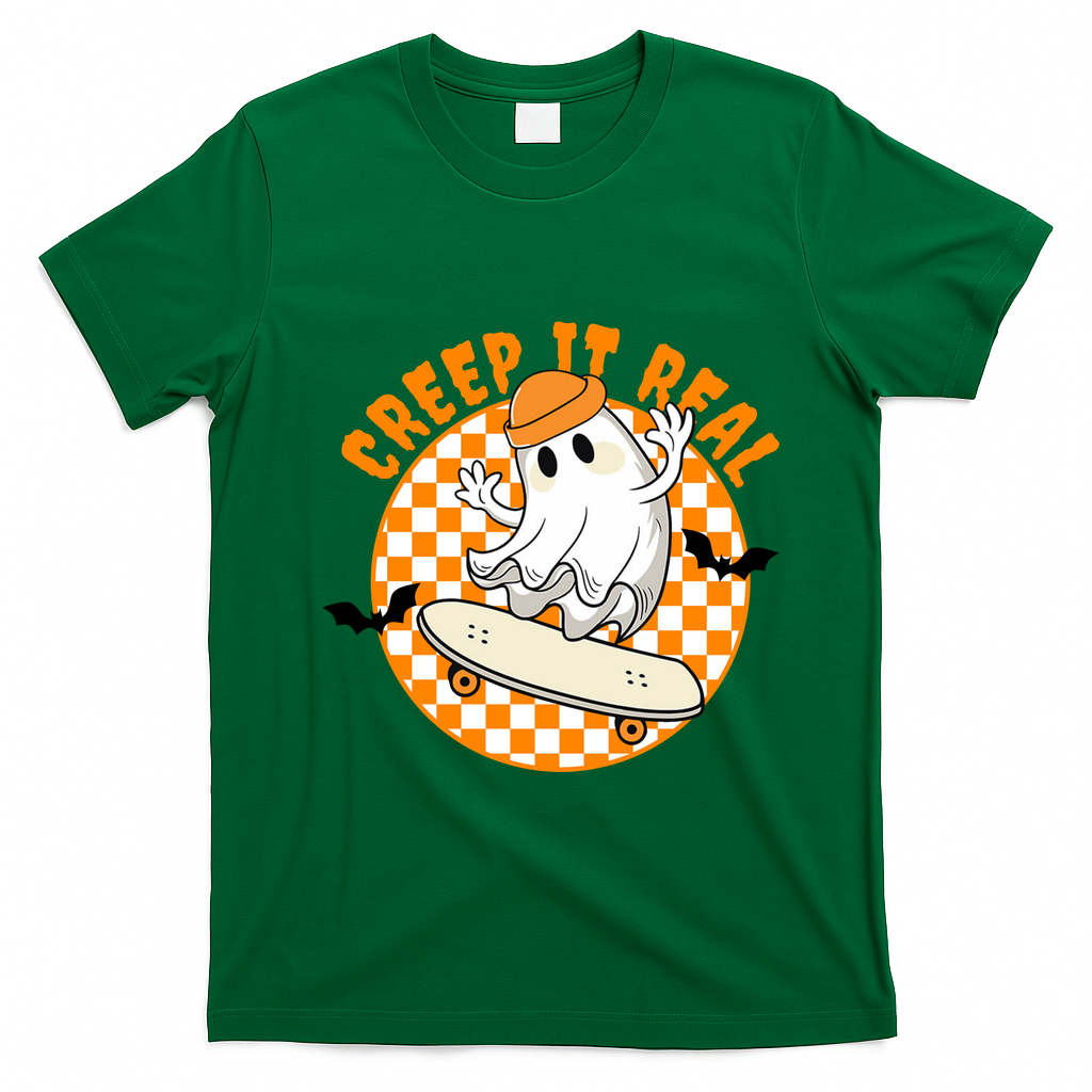 Creep It Real Skater Ghost Halloween Retro T-Shirt - Irish Green