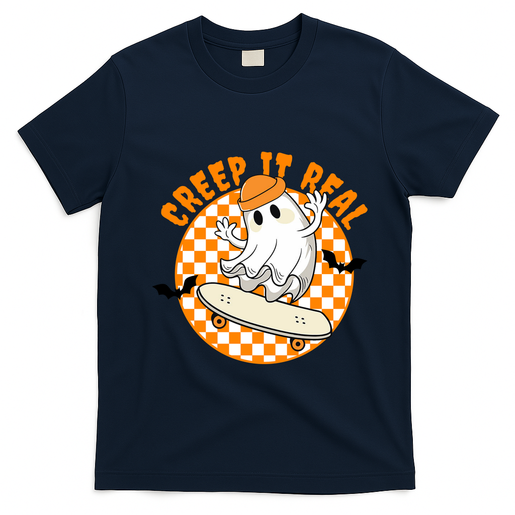 Creep It Real Skater Ghost Halloween Retro T-Shirt - Navy Blue
