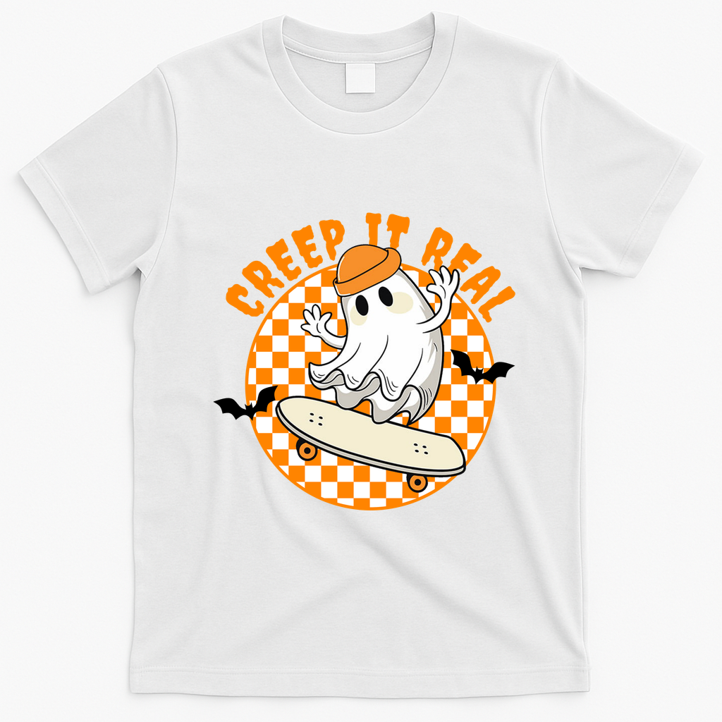 Creep It Real Skater Ghost Halloween Retro T-Shirt - White