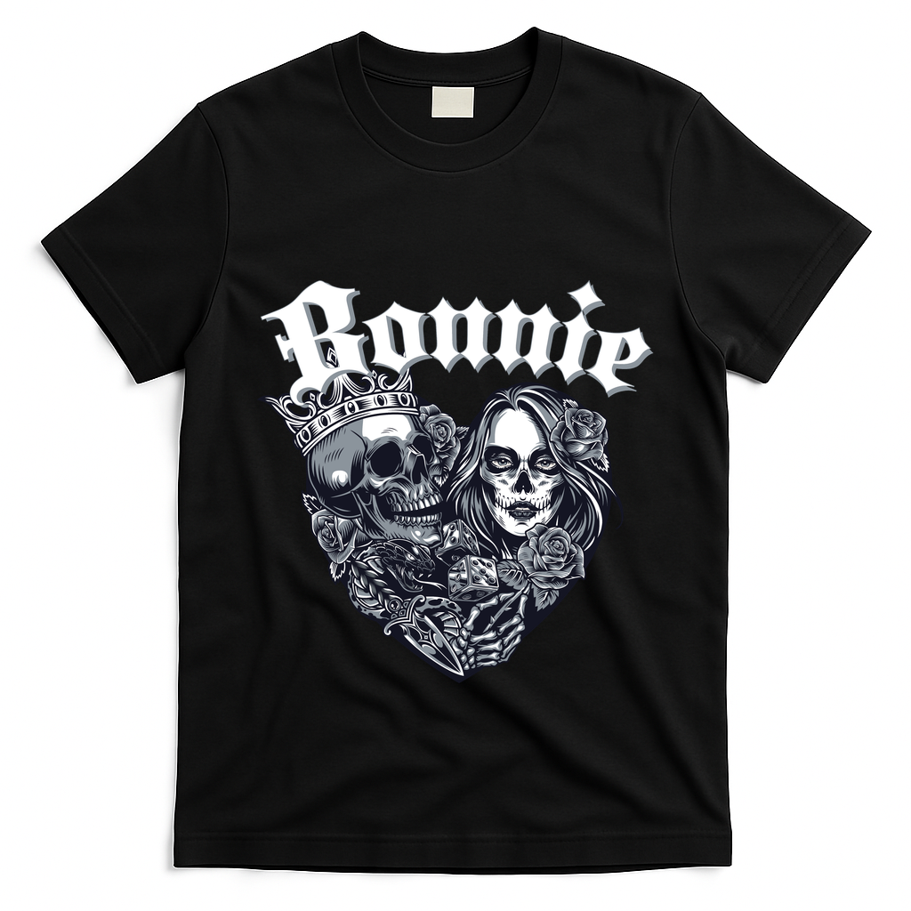 Couple Matching Bonnie & Clyde Chicano Style Heart Tattoo Outfit For Couples T-Shirt