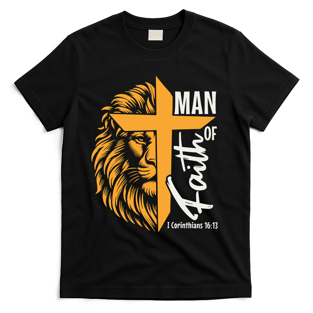 Christian Man Of God I Corinthians 16:13 Lion Cross T-Shirt - Black