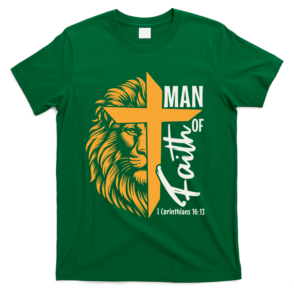 Christian Man Of God I Corinthians 16:13 Lion Cross T-Shirt - Green