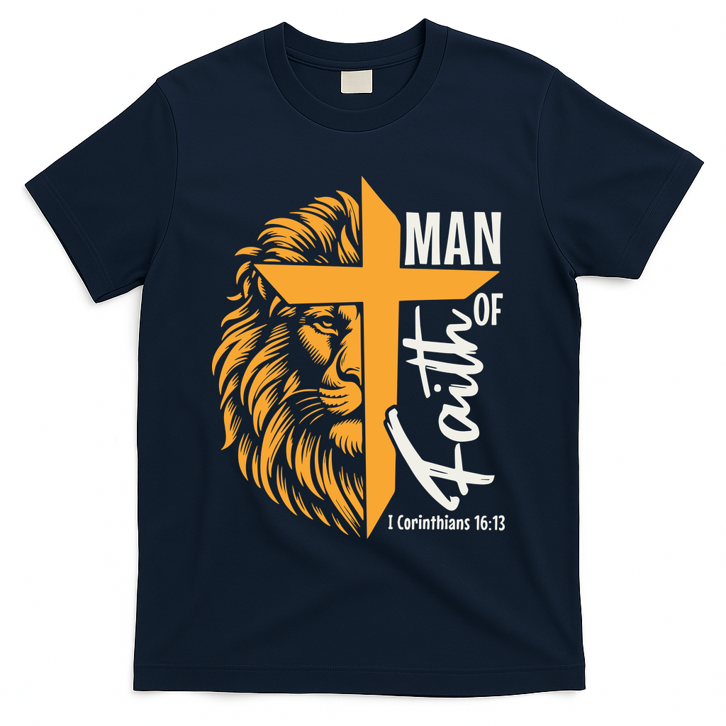 Christian Man Of God I Corinthians 16:13 Lion Cross T-Shirt - Navy