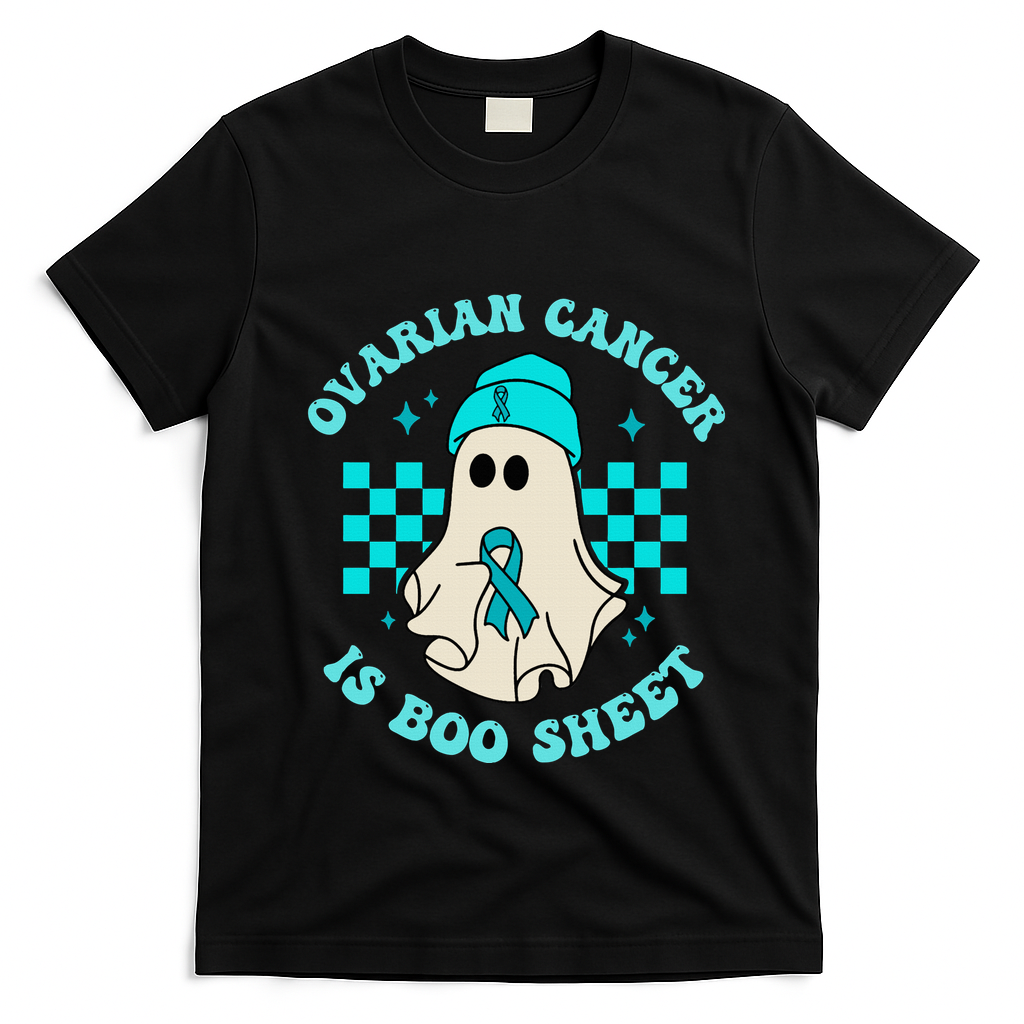 Cute Ovarian Cancer Is Boo Sheet Halloween Ghost Teal Ribbon T-Shirt - Black