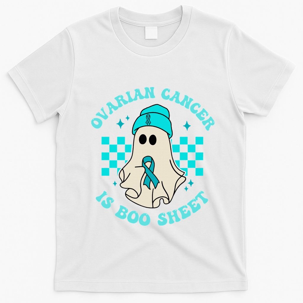 Cute Ovarian Cancer Is Boo Sheet Halloween Ghost Teal Ribbon T-Shirt - White