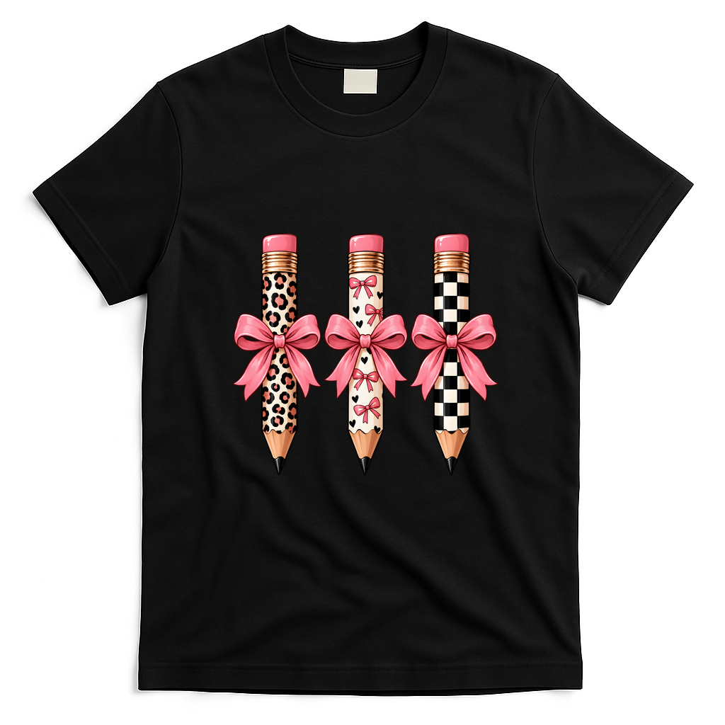 Cute Pink Bow Pencil Students Teachers Back To School T-Shirt - Black