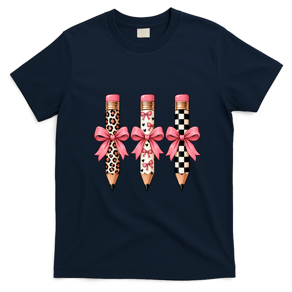 Cute Pink Bow Pencil Students Teachers Back To School T-Shirt - Navy Blue