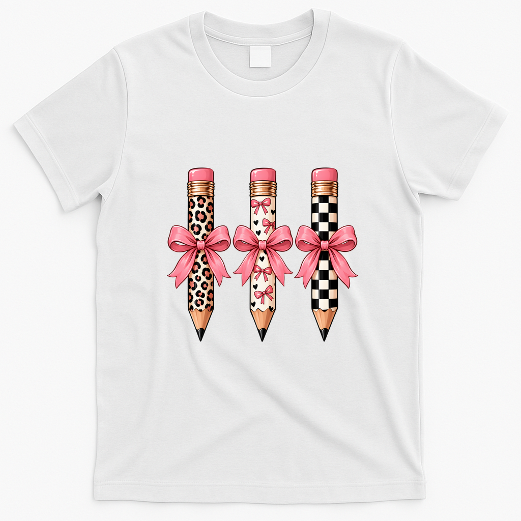 Cute Pink Bow Pencil Students Teachers Back To School T-Shirt - White