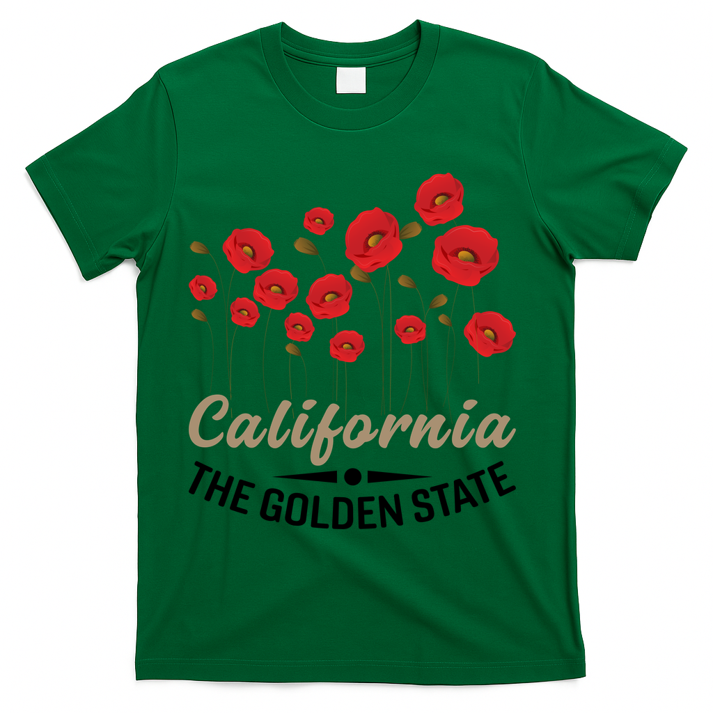 California Poppy Floral The Golden State T-Shirt - Green