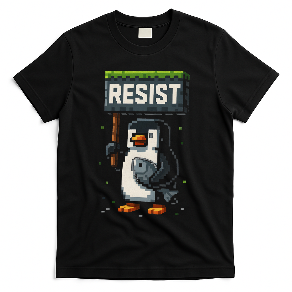 Cool Resist Penguin Funny Pixel Art Gamer T-Shirt - Black