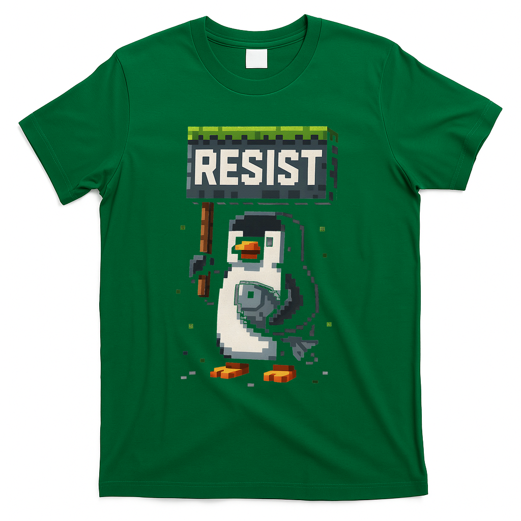 Cool Resist Penguin Funny Pixel Art Gamer T-Shirt - Green