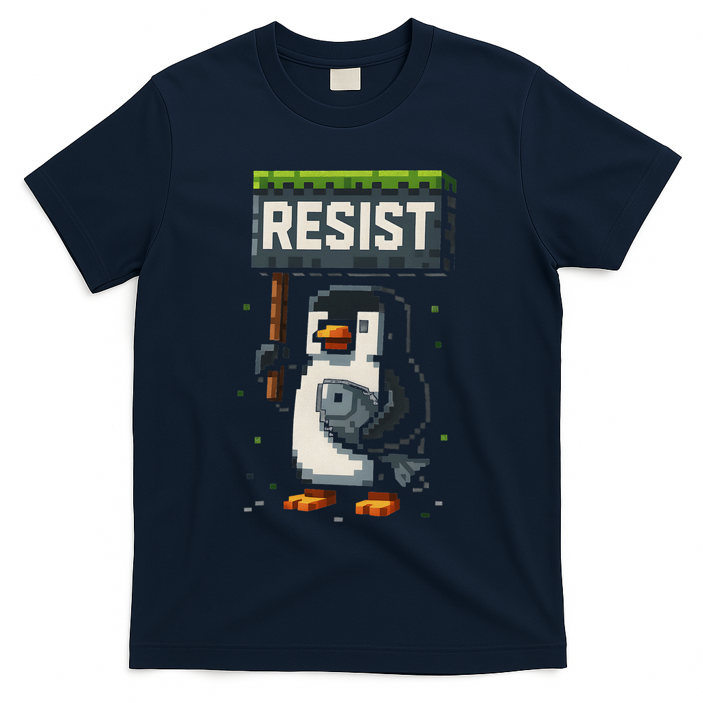 Cool Resist Penguin Funny Pixel Art Gamer T-Shirt - Navy