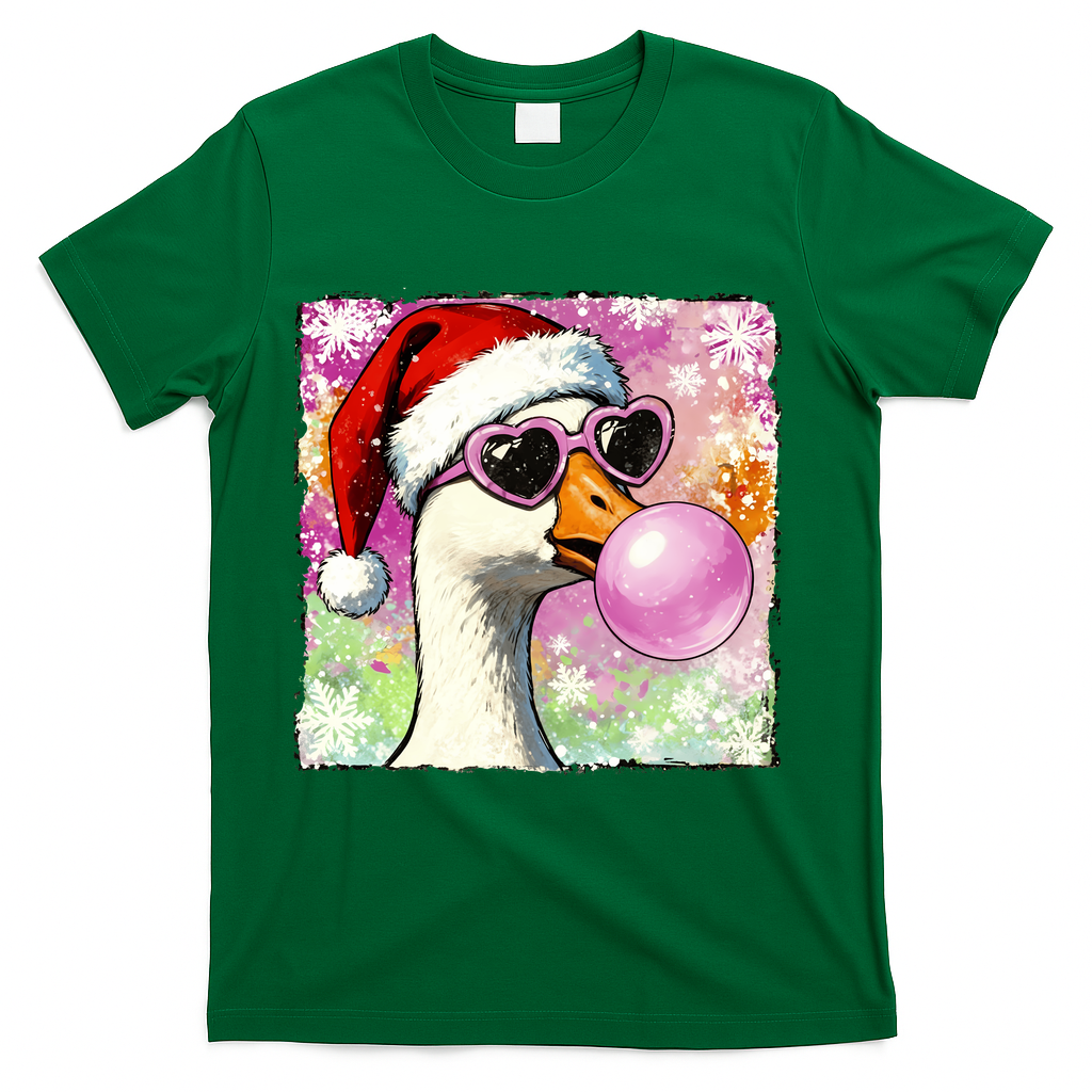 Cool Silly Goose Santa Christmas Bubble Gum T-Shirt - Green