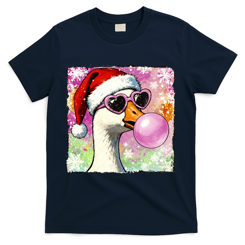 Cool Silly Goose Santa Christmas Bubble Gum T-Shirt - Navy