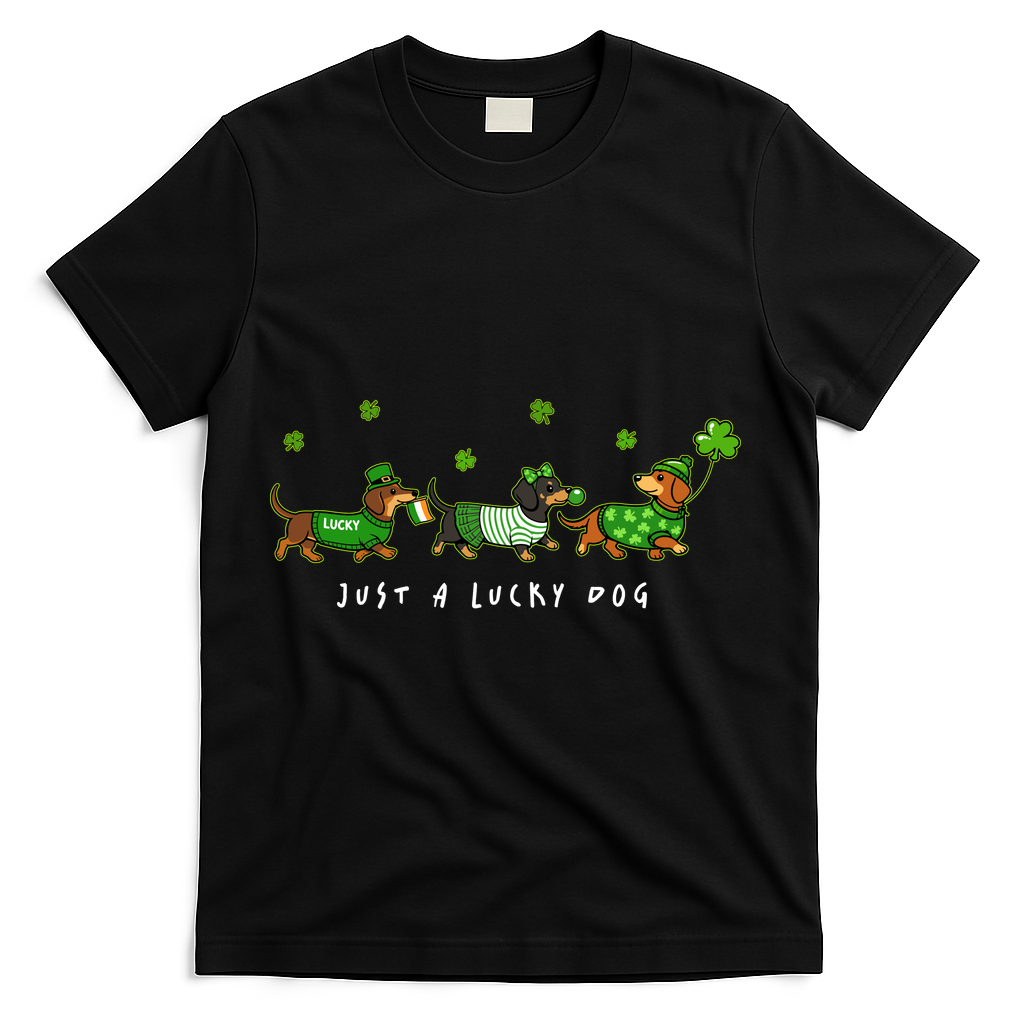 Cute St Patrick's Day Just A Lucky Dog Dachshunds T-Shirt - Black