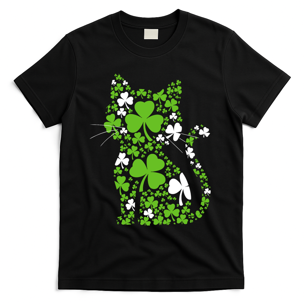 Cute St Patrick's Day Shamrock Clover Cat T-Shirt - Black
