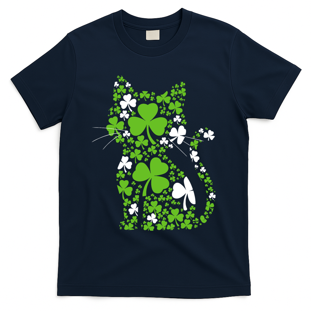 Cute St Patrick's Day Shamrock Clover Cat T-Shirt - Navy