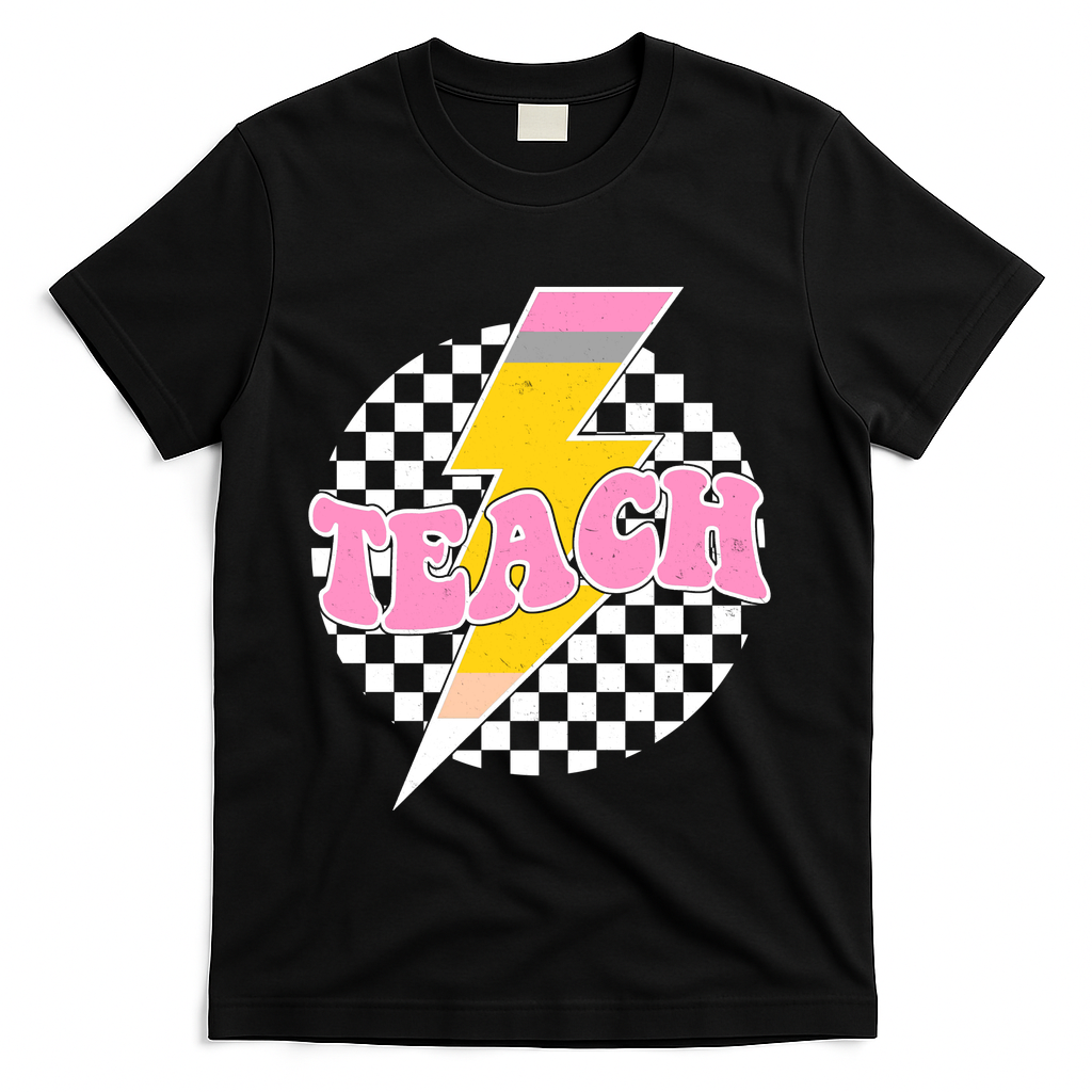 Checkered Teach Back To School Teacher T-Shirt - Black