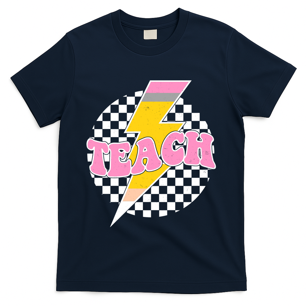 Checkered Teach Back To School Teacher T-Shirt - Navy