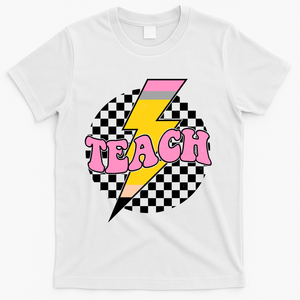 Checkered Teach Back To School Teacher T-Shirt - White