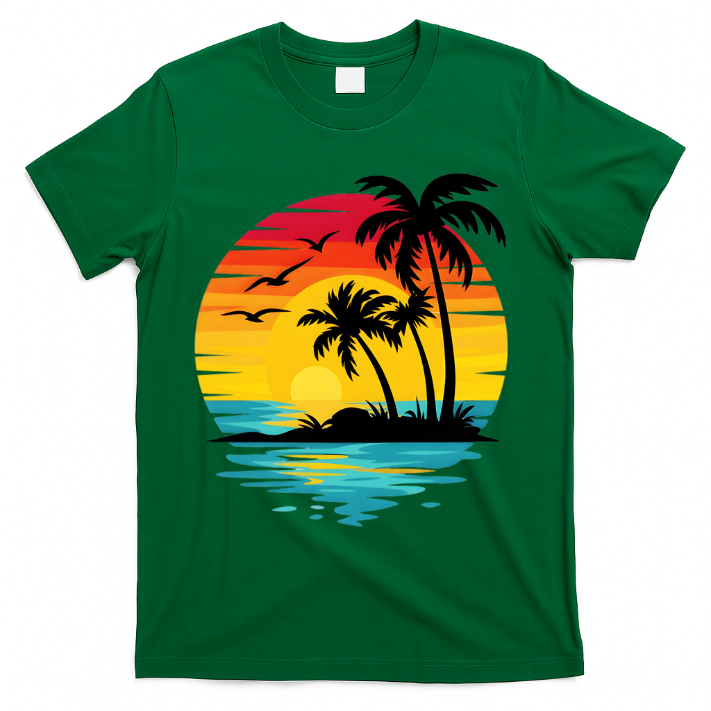 Coastal Tropical Sunset Beach T-Shirt - Green