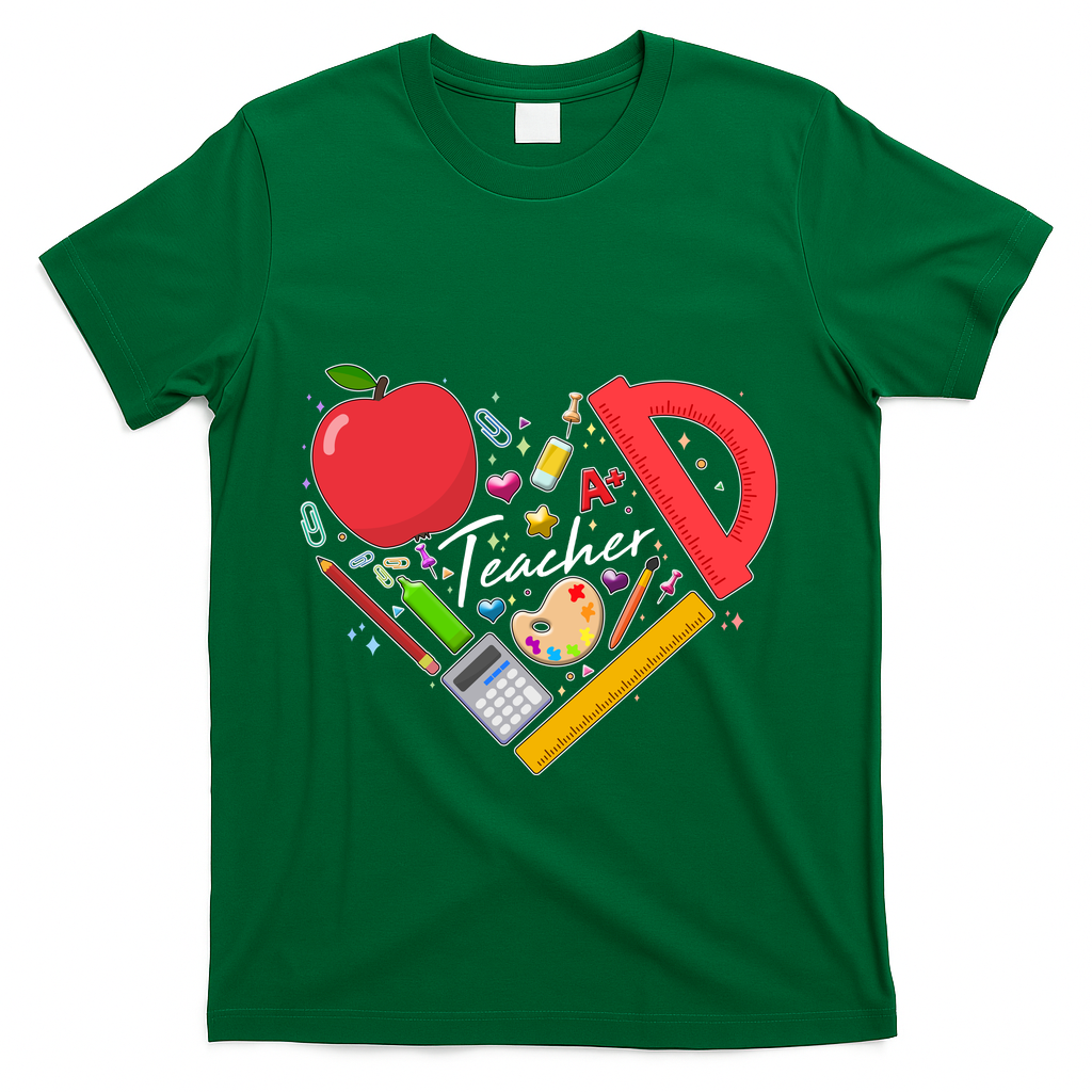 Cute Teacher School Tools Heart T-Shirt - Green
