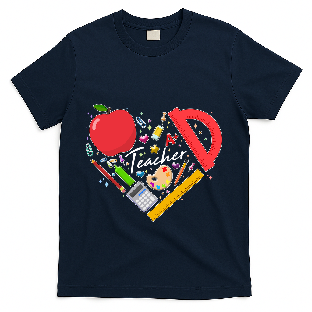 Cute Teacher School Tools Heart T-Shirt - Navy