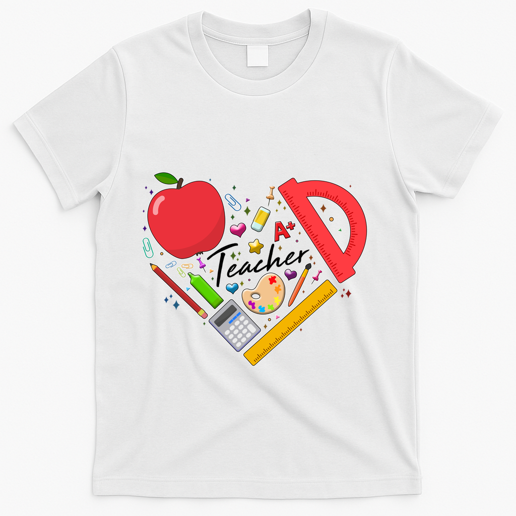 Cute Teacher School Tools Heart T-Shirt - White
