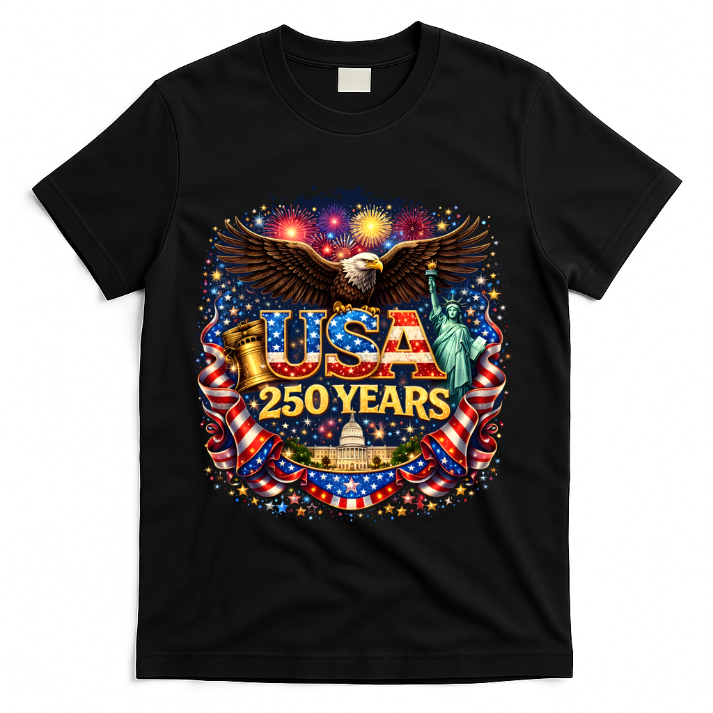 Celebrate USA 250 Years White House Eagle Fireworks T-Shirt - Black