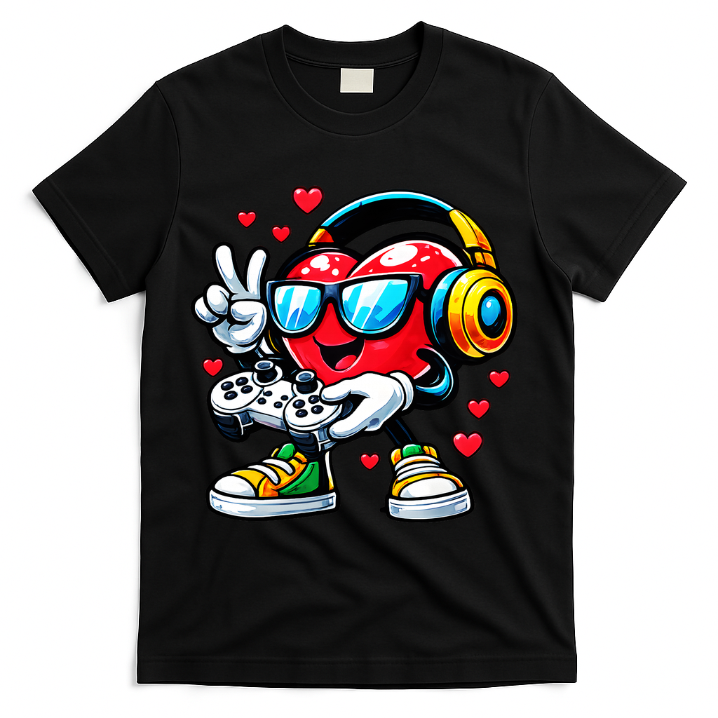 Cool Valentine's Day Gamer Heart Love Gaming T-Shirt - Black