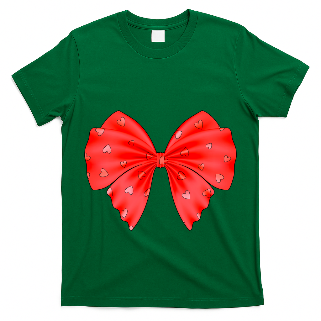 Cute Valentine Heart Print Red Ribbon Bow T-Shirt