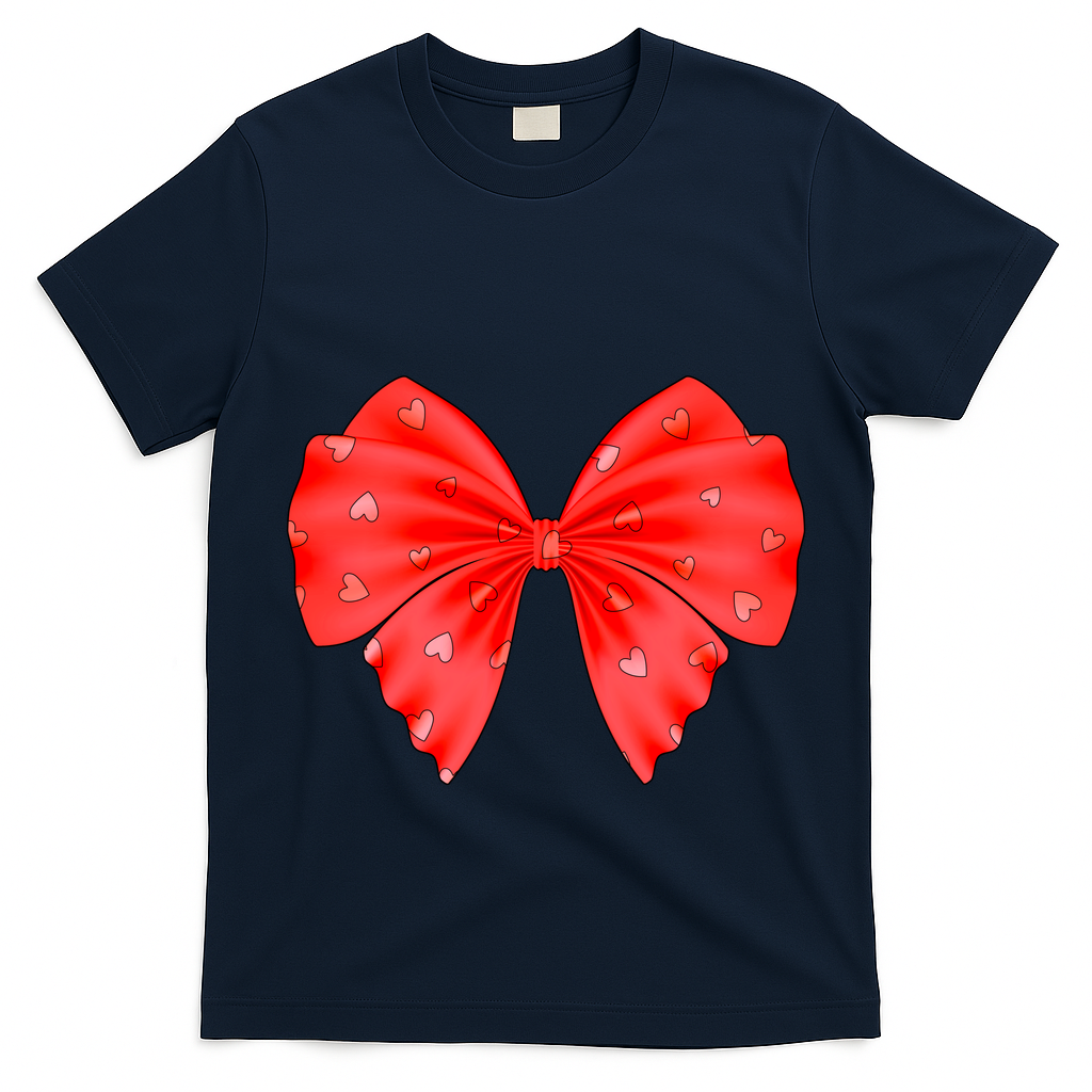 Cute Valentine Heart Print Red Ribbon Bow T-Shirt